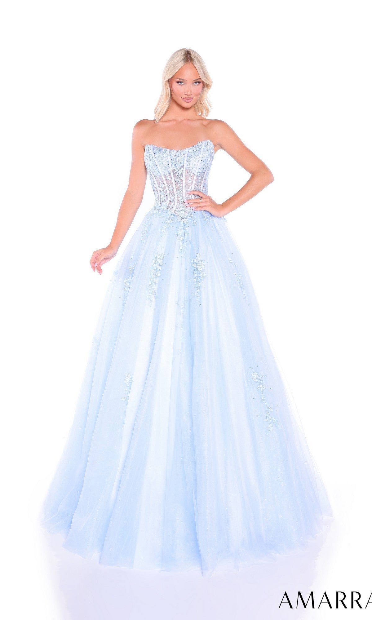 A woman models the Amarra 88913, a strapless long prom ball gown featuring a light blue embellished bodice and full tulle skirt, standing against a white background.